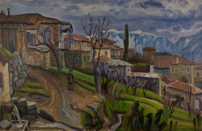 Goura, Winter View, Snowy Mountains, Mist — Oil painting, Canvas, 65.00×100.00cm — Theodoros Markellos